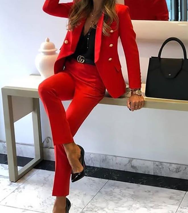 Conjunto casual de blazers com frente aberta, calça lápis vermelha, conjunto de manga comprida, jaqueta blazer para escritório, duas peças, traje feminino para escritório