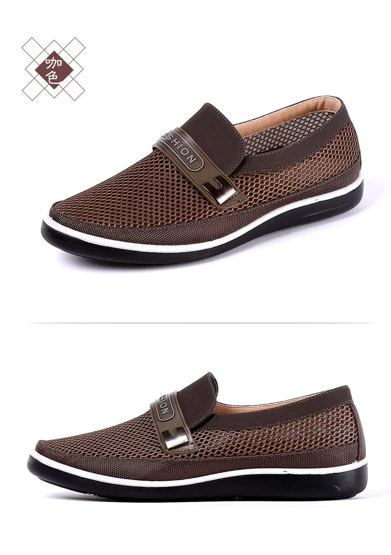 Nuevos zapatos de verano de malla transpirable para hombre, ligeros, planos, informales, de diseño a la moda, mocasines para hombre en color beige