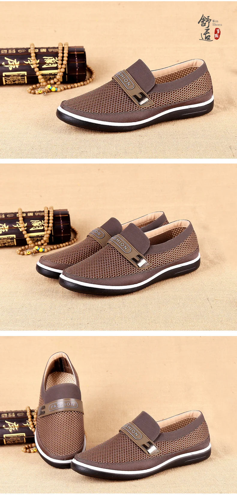 Nuevos zapatos de verano de malla transpirable para hombre, ligeros, planos, informales, de diseño a la moda, mocasines para hombre en color beige
