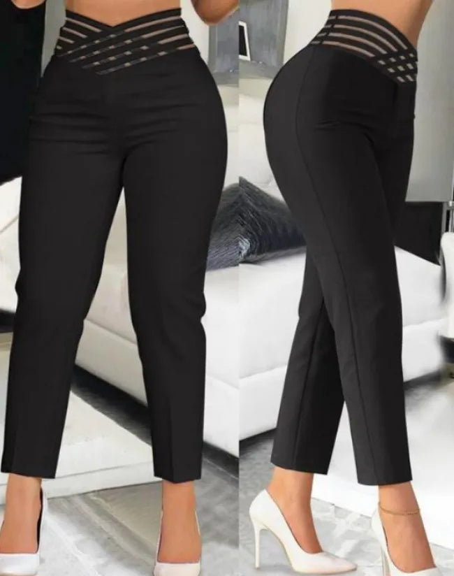 Calças femininas chiques da moda com detalhes de costura para escritório, vintage, cintura alta, zíper, calças justas femininas, calças de terno sólidas