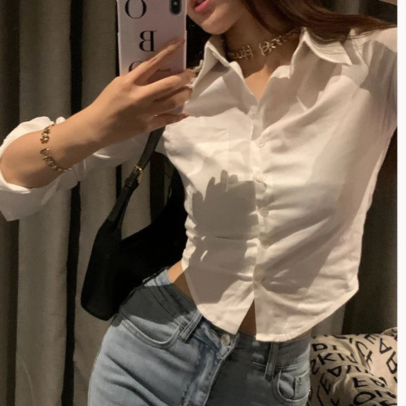 Gidyq Camisas Coreanas Elegantes Femininas Moda Streetwear Blusa Fina Feminina Primavera Y2K Casual Escritório Senhoras Sexy Tops Cropped Novos