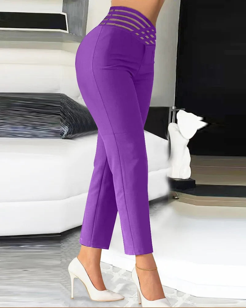 Calças femininas chiques da moda com detalhes de costura para escritório, vintage, cintura alta, zíper, calças justas femininas, calças de terno sólidas