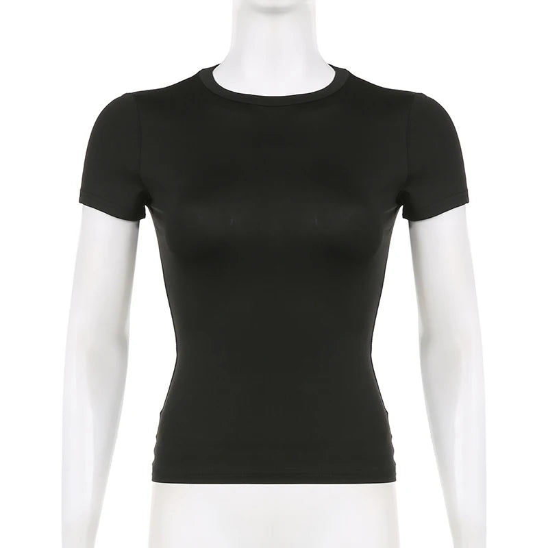 Top curto básico sólido, manga curta, gola redonda, camiseta skinny, camiseta casual de verão para mulheres, Y2K, top vintage, moda urbana Harajuku