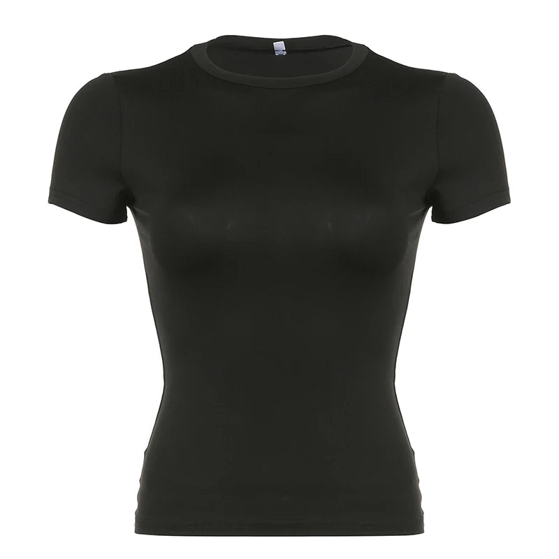 Top curto básico sólido, manga curta, gola redonda, camiseta skinny, camiseta casual de verão para mulheres, Y2K, top vintage, moda urbana Harajuku