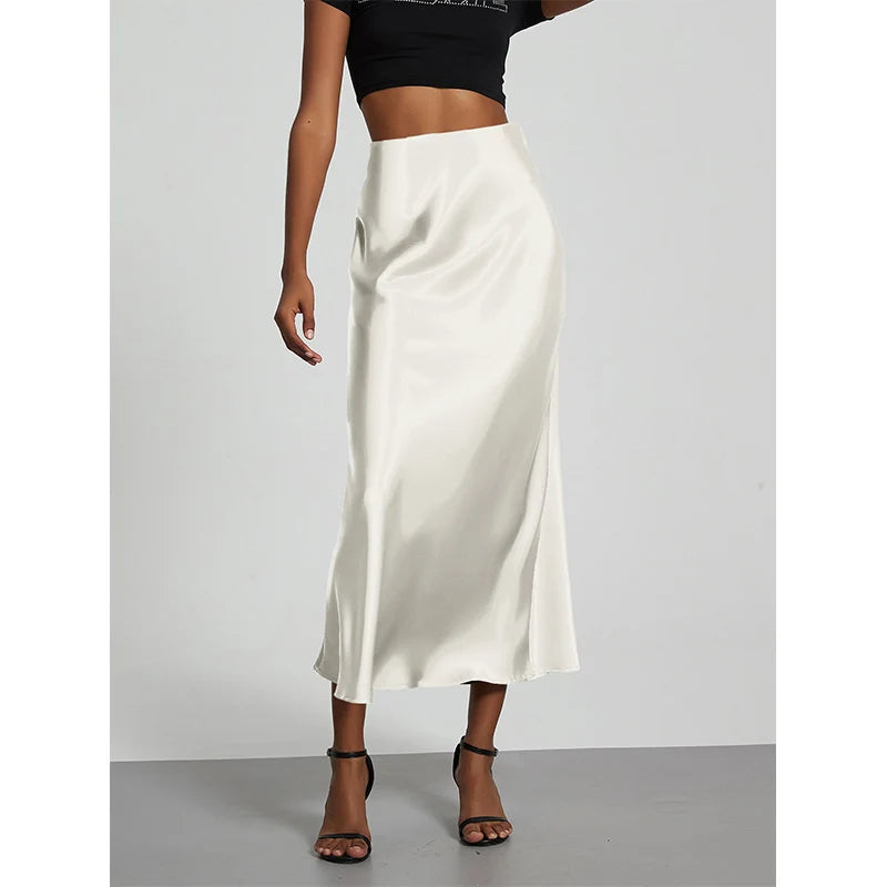 Falda larga de satén de moda para fiesta, cintura alta, color liso, informal, básica, de cola de pez, atuendo elegante de verano para mujer 2025