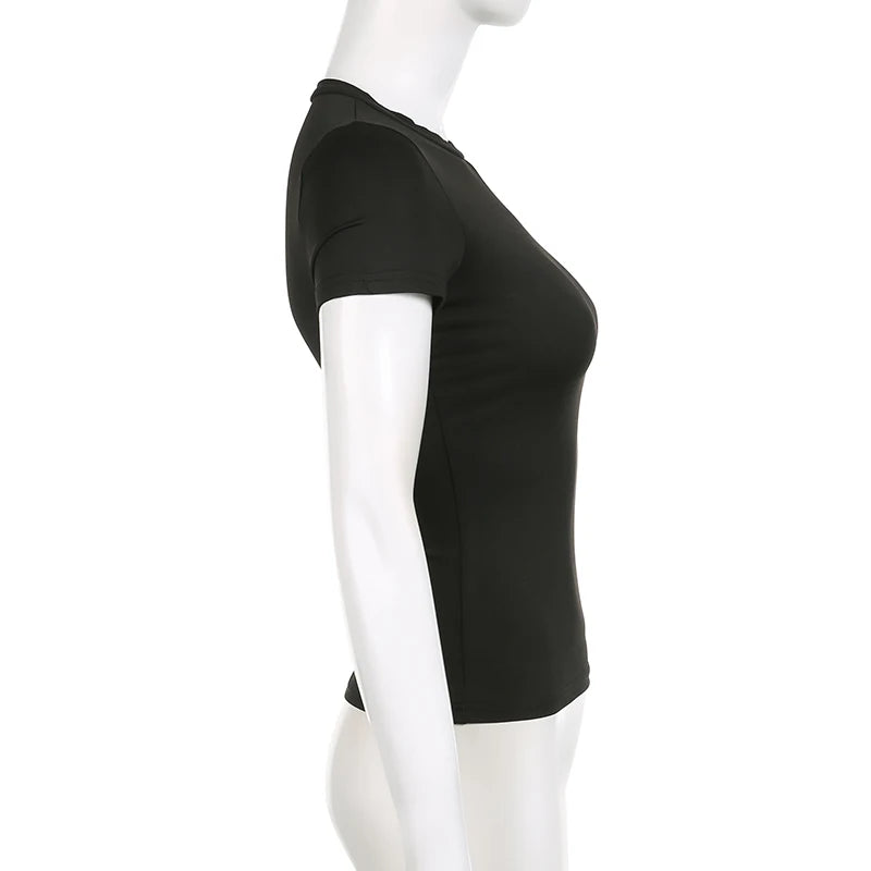 Top curto básico sólido, manga curta, gola redonda, camiseta skinny, camiseta casual de verão para mulheres, Y2K, top vintage, moda urbana Harajuku