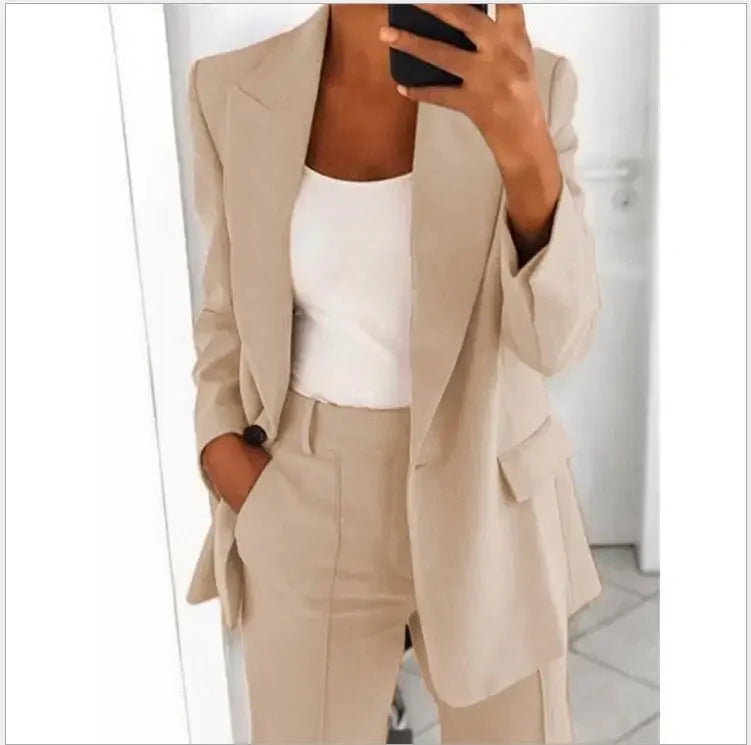 Blazer feminino casual de manga comprida, cor sólida, gola alta, temperamento simples, tamanho grande, 2025 S-5XL