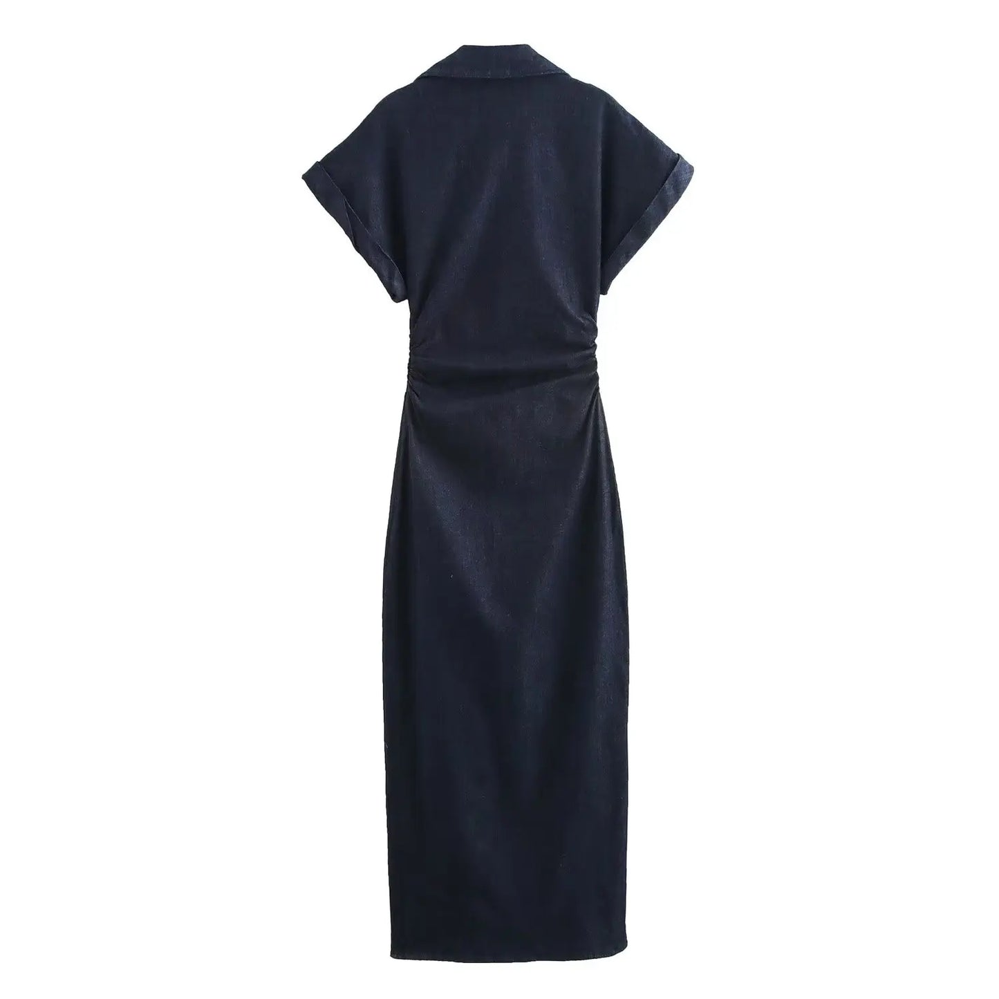 Vestido midi jeans ETJ 2025 traf primavera nova série 1975 com lapela e zíper lateral, moda, cintura franzida, slim, elegante
