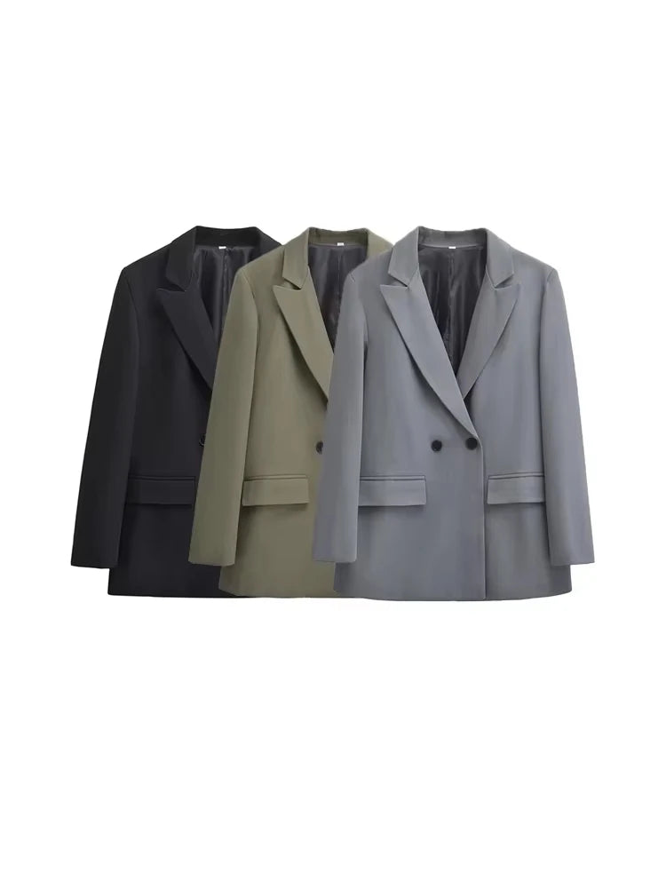 TRZA - Blazer feminino de abotoamento duplo para escritório, manga comprida, bolsos com aba, agasalho feminino, blusas chiques, moda