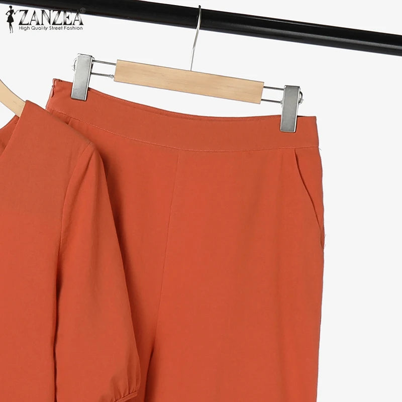 ZANZEA Conjuntos de verão elegantes combinando femininos, conjuntos de calças com manga bufante, 2 peças, calças de trabalho lisas, OL, agasalho 2023