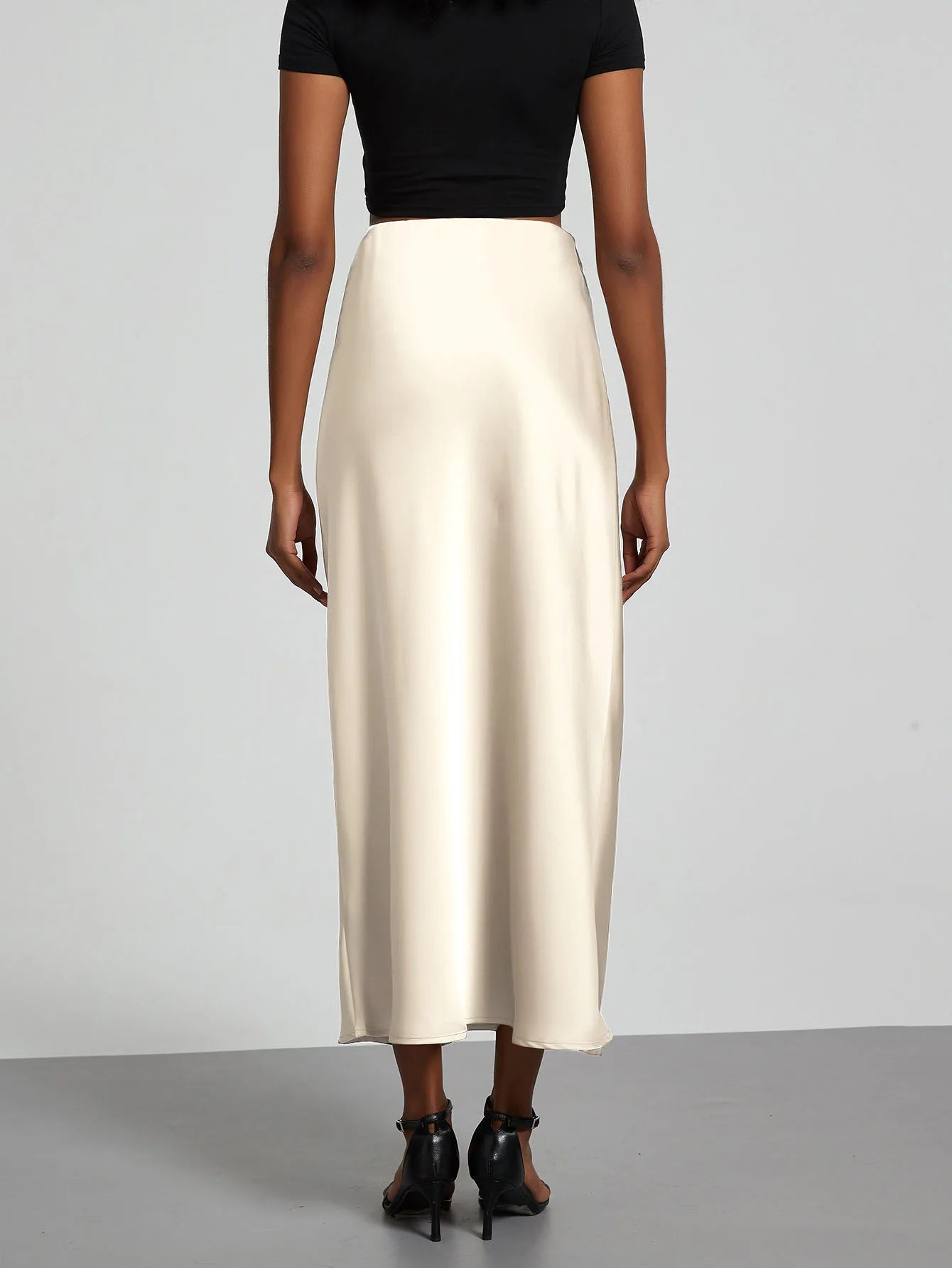 Falda larga de satén de moda para fiesta, cintura alta, color liso, informal, básica, de cola de pez, atuendo elegante de verano para mujer 2025