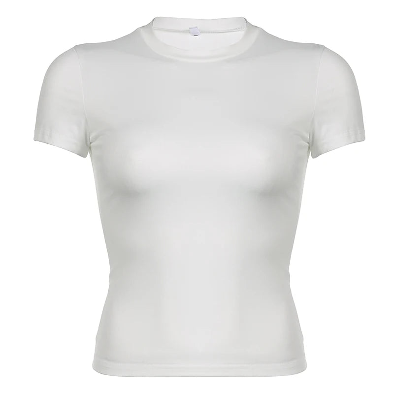 Top curto básico sólido, manga curta, gola redonda, camiseta skinny, camiseta casual de verão para mulheres, Y2K, top vintage, moda urbana Harajuku