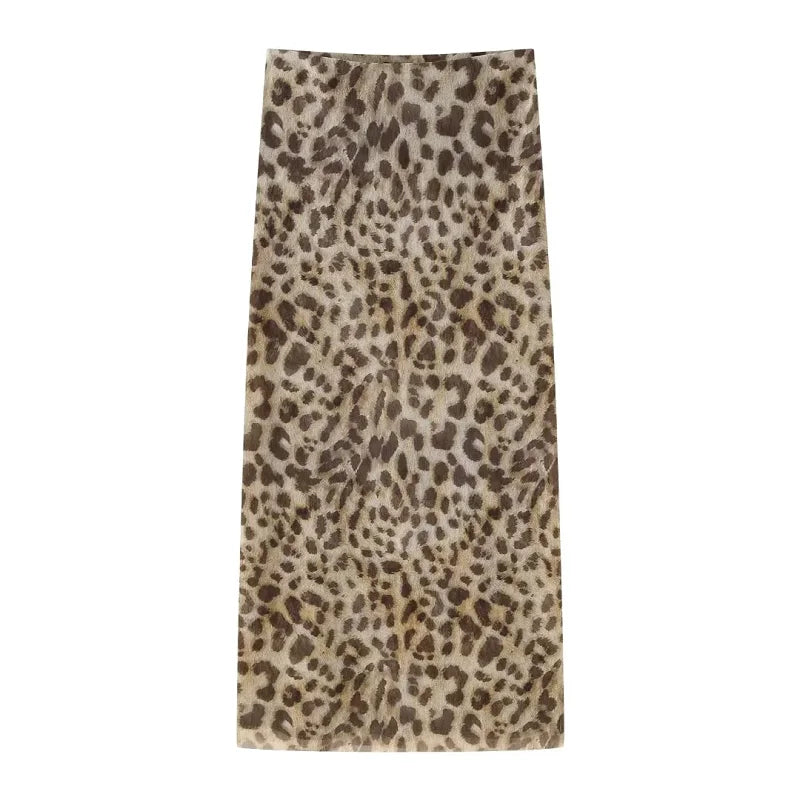 TRAF Saias Longas de Leopardo Femininas 2024 Primavera Verão Outono Elegante Festa Estampada Saias Femininas Moda Casual Escritório Saias Midi