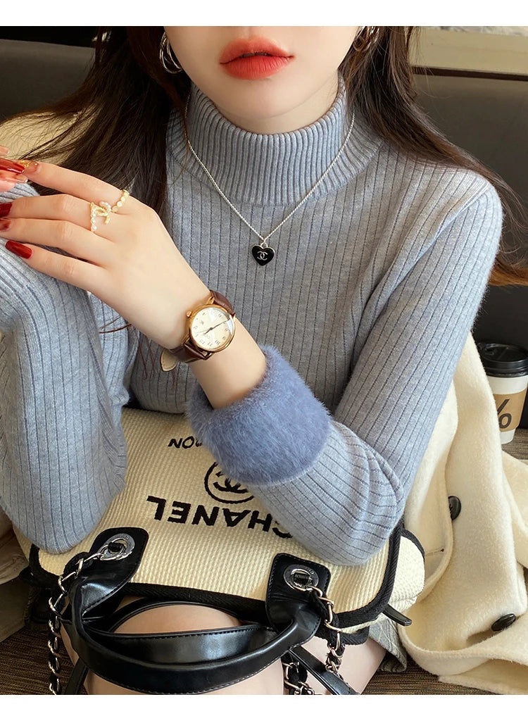 Suéter feminino de gola alta inverno 2024 retrô vermelho com forro de veludo engrossado interior de malha térmica camisa de fundo