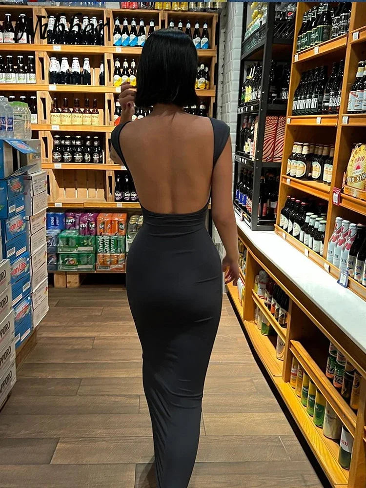 Nibber Solid Sexy Backless Maxi Dress Women Elegant Elastic Slim Short Sleeve Long Female dresses Bodycon Streetwear Clothing