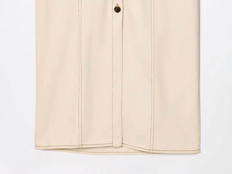 Vestido midi jeans ETJ 2025 traf primavera nova série 1975 com lapela e zíper lateral, moda, cintura franzida, slim, elegante