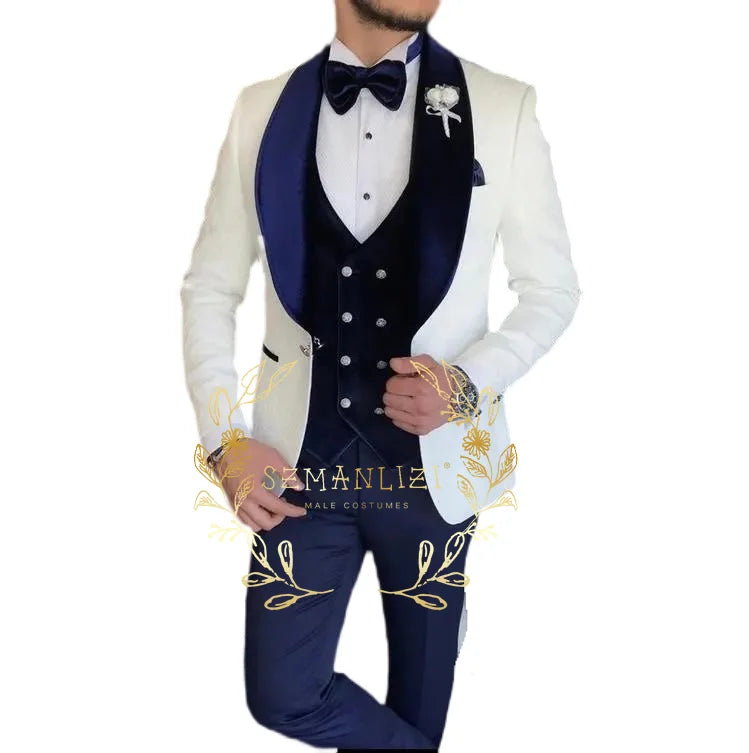 Conjunto de 3 piezas de blazer jacquard con estampado de cachemira blanca para hombre, traje de fiesta, esmoquin para novio, trajes de boda