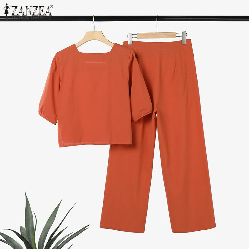 ZANZEA Conjuntos de verão elegantes combinando femininos, conjuntos de calças com manga bufante, 2 peças, calças de trabalho lisas, OL, agasalho 2023