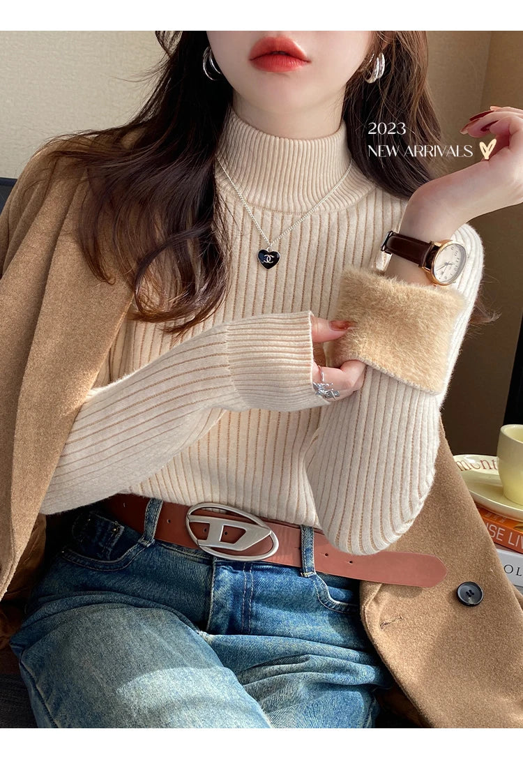 Suéter feminino de gola alta inverno 2024 retrô vermelho com forro de veludo engrossado interior de malha térmica camisa de fundo
