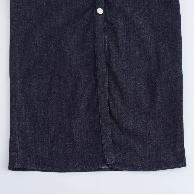 Vestido midi jeans ETJ 2025 traf primavera nova série 1975 com lapela e zíper lateral, moda, cintura franzida, slim, elegante