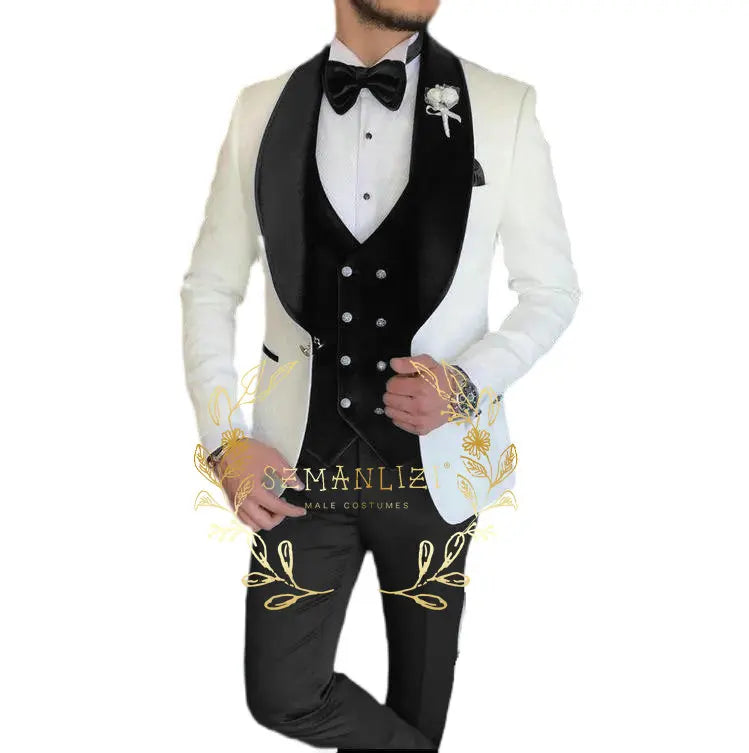 Conjunto de 3 piezas de blazer jacquard con estampado de cachemira blanca para hombre, traje de fiesta, esmoquin para novio, trajes de boda