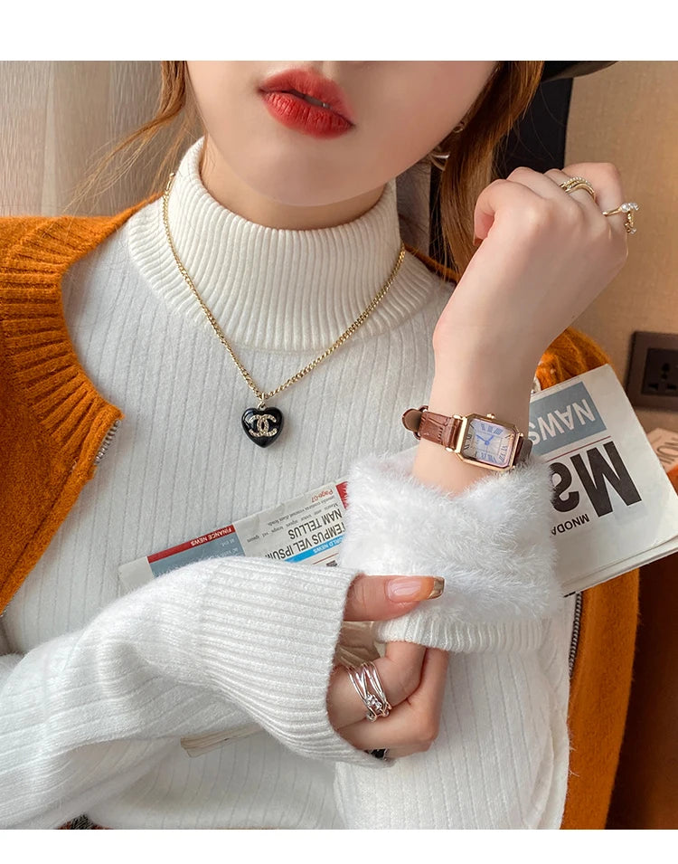 Suéter feminino de gola alta inverno 2024 retrô vermelho com forro de veludo engrossado interior de malha térmica camisa de fundo
