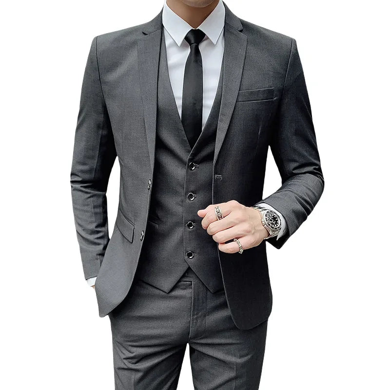 Terno (blazer + colete + calça) masculino, estilo executivo, slim, cor sólida, plus size, vestido justo, casamento, padrinho