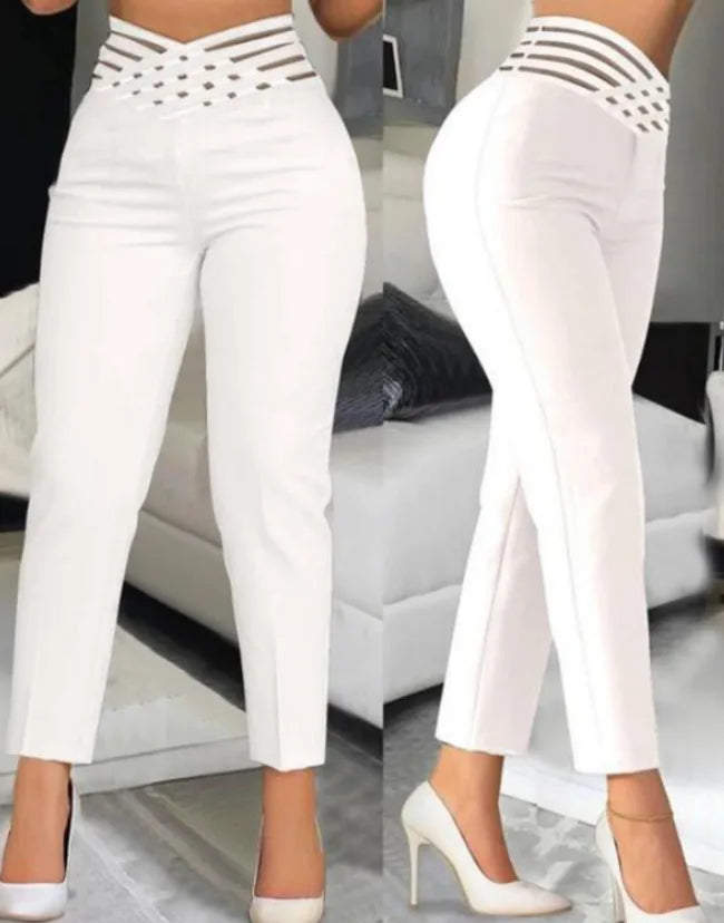 Calças femininas chiques da moda com detalhes de costura para escritório, vintage, cintura alta, zíper, calças justas femininas, calças de terno sólidas