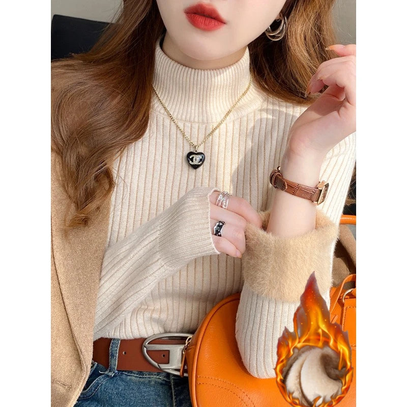 Suéter feminino de gola alta inverno 2024 retrô vermelho com forro de veludo engrossado interior de malha térmica camisa de fundo