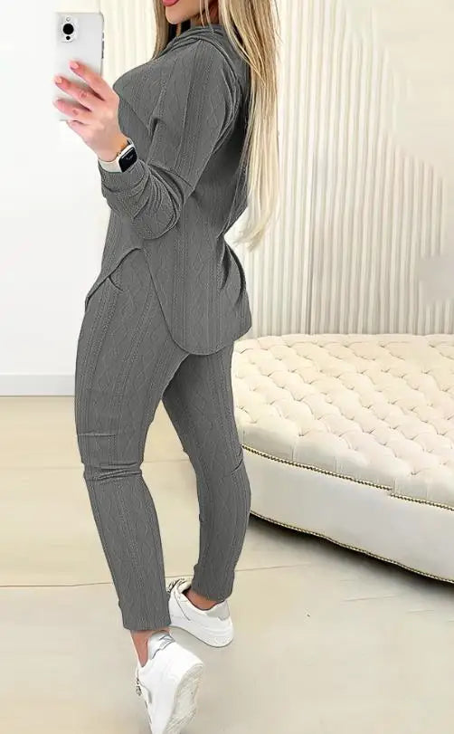 Conjunto casual de duas peças, roupas femininas, moletom com capuz e manga comprida texturizado, conjunto de calças com bolso, moda outono 2024
