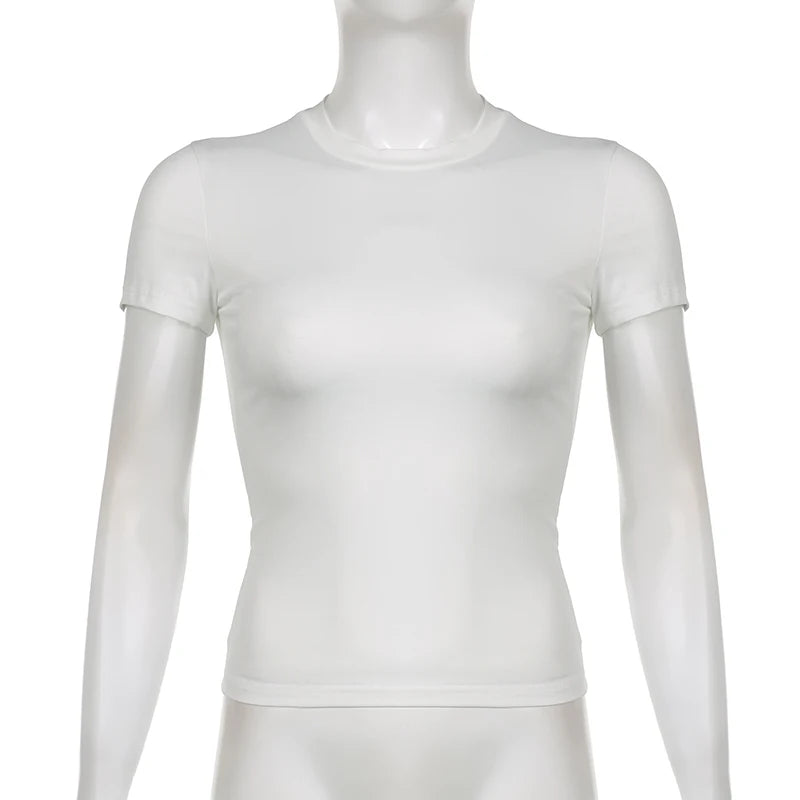 Top curto básico sólido, manga curta, gola redonda, camiseta skinny, camiseta casual de verão para mulheres, Y2K, top vintage, moda urbana Harajuku