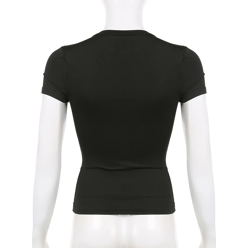 Top curto básico sólido, manga curta, gola redonda, camiseta skinny, camiseta casual de verão para mulheres, Y2K, top vintage, moda urbana Harajuku