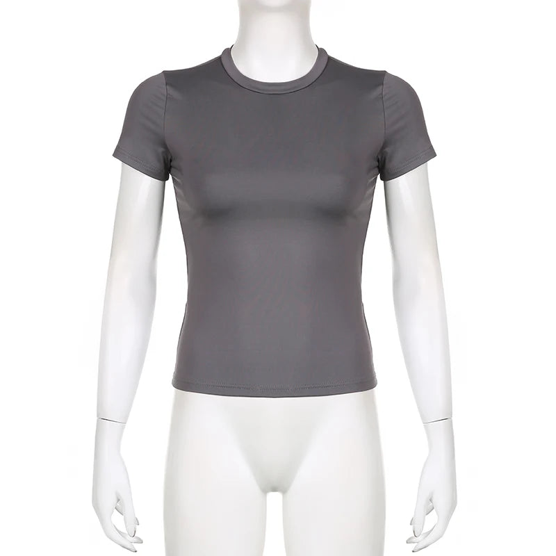 Top curto básico sólido, manga curta, gola redonda, camiseta skinny, camiseta casual de verão para mulheres, Y2K, top vintage, moda urbana Harajuku