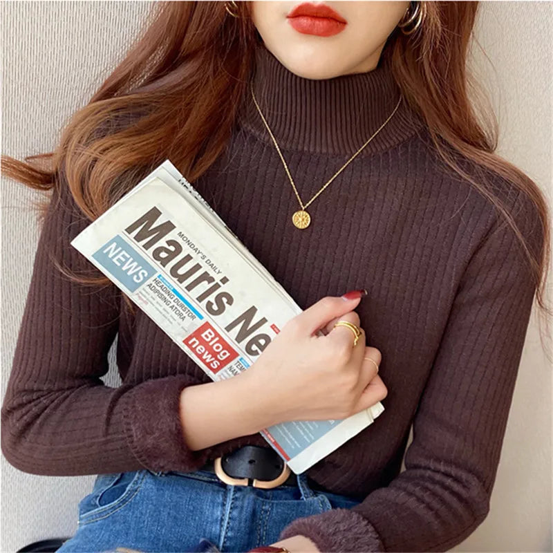 Suéter feminino de gola alta inverno 2024 retrô vermelho com forro de veludo engrossado interior de malha térmica camisa de fundo