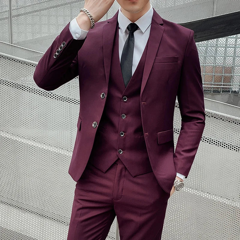 Terno (blazer + colete + calça) masculino, estilo executivo, slim, cor sólida, plus size, vestido justo, casamento, padrinho
