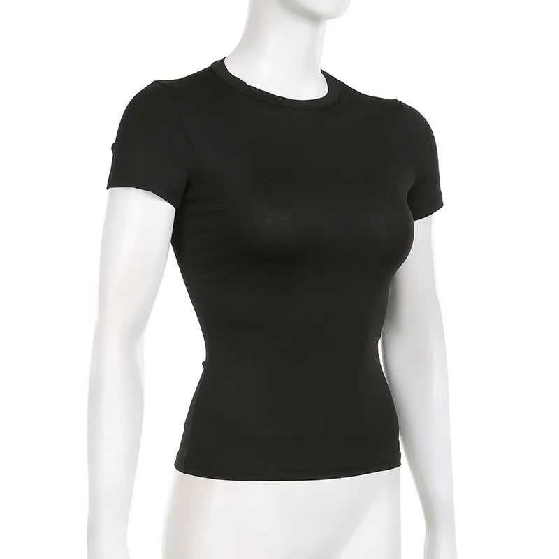 Top curto básico sólido, manga curta, gola redonda, camiseta skinny, camiseta casual de verão para mulheres, Y2K, top vintage, moda urbana Harajuku