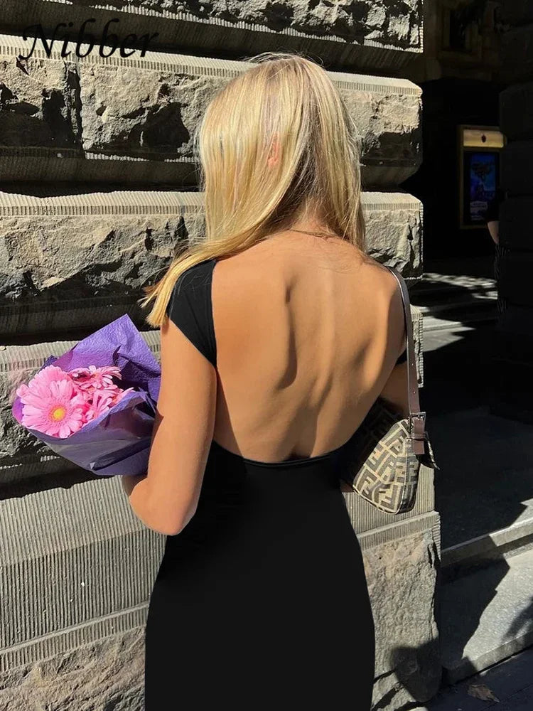 Nibber Solid Sexy Backless Maxi Dress Women Elegant Elastic Slim Short Sleeve Long Female dresses Bodycon Streetwear Clothing