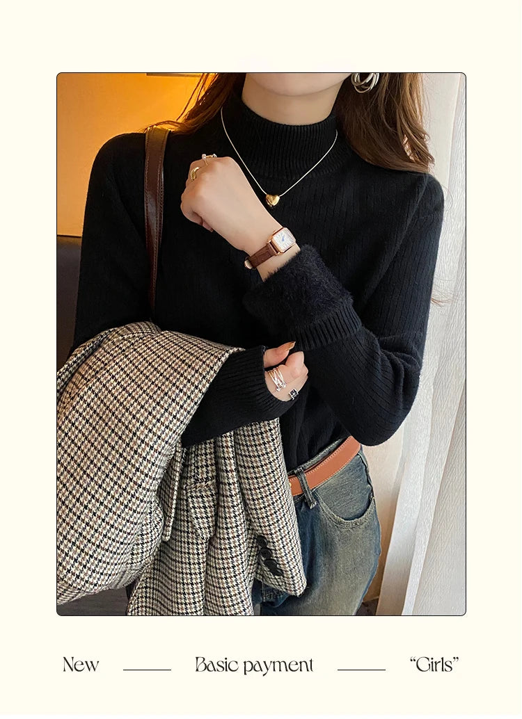 Suéter feminino de gola alta inverno 2024 retrô vermelho com forro de veludo engrossado interior de malha térmica camisa de fundo