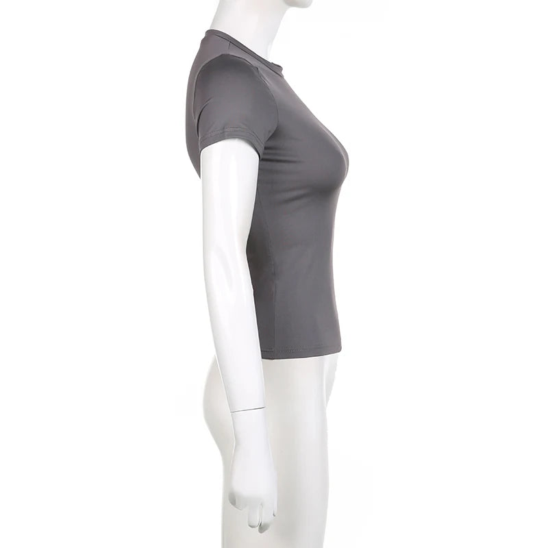 Top curto básico sólido, manga curta, gola redonda, camiseta skinny, camiseta casual de verão para mulheres, Y2K, top vintage, moda urbana Harajuku