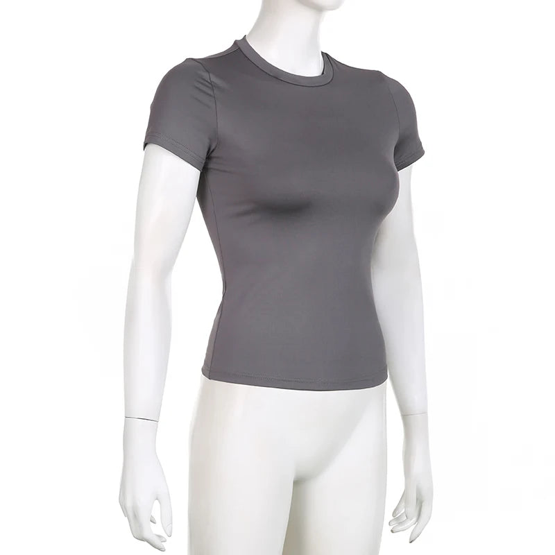 Top curto básico sólido, manga curta, gola redonda, camiseta skinny, camiseta casual de verão para mulheres, Y2K, top vintage, moda urbana Harajuku
