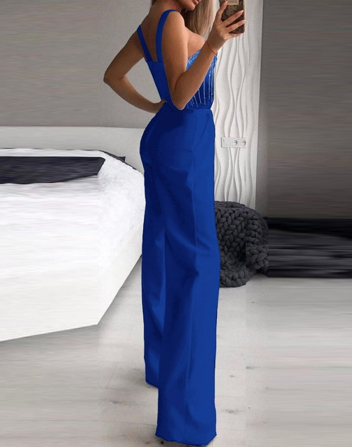 Macacão feminino sexy 2023, gola virada para baixo, sem mangas, skinny, alargado, peça única, roupa da moda, macacão