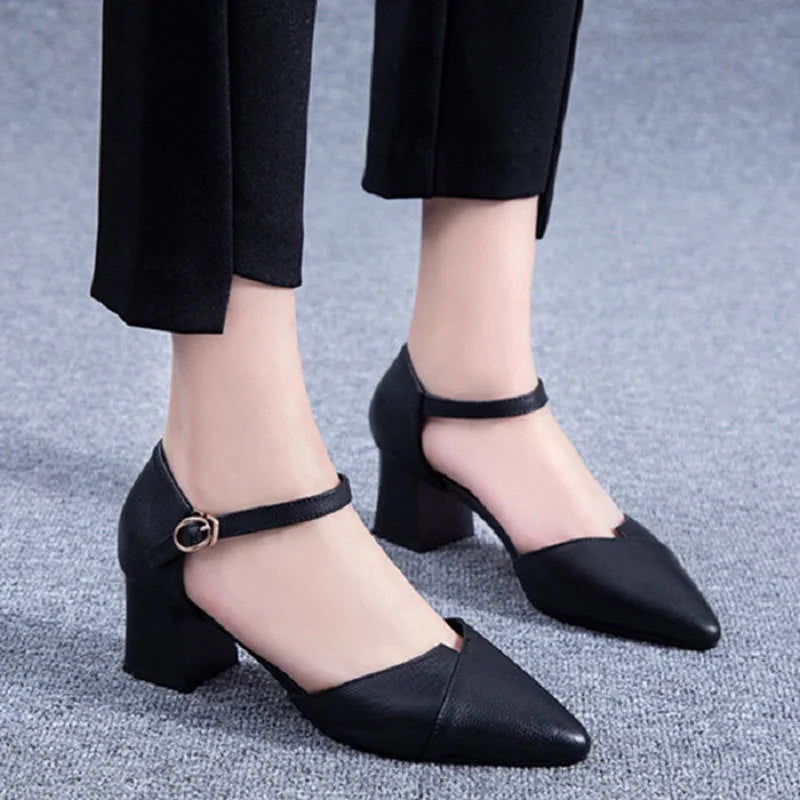 Zapatos clásicos Cresfimix de alta calidad para mujer, con tacón cuadrado rosa, para oficina y fiesta, con tacón flocado negro, A5986