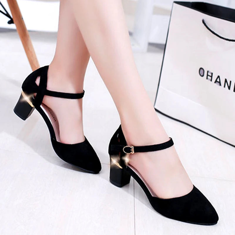 Zapatos clásicos Cresfimix de alta calidad para mujer, con tacón cuadrado rosa, para oficina y fiesta, con tacón flocado negro, A5986