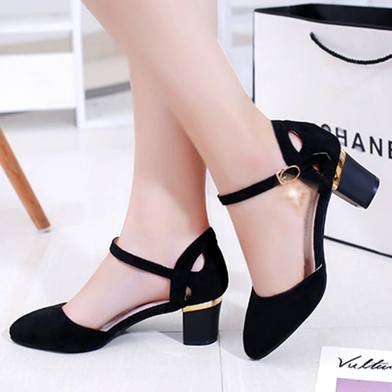 Zapatos clásicos Cresfimix de alta calidad para mujer, con tacón cuadrado rosa, para oficina y fiesta, con tacón flocado negro, A5986