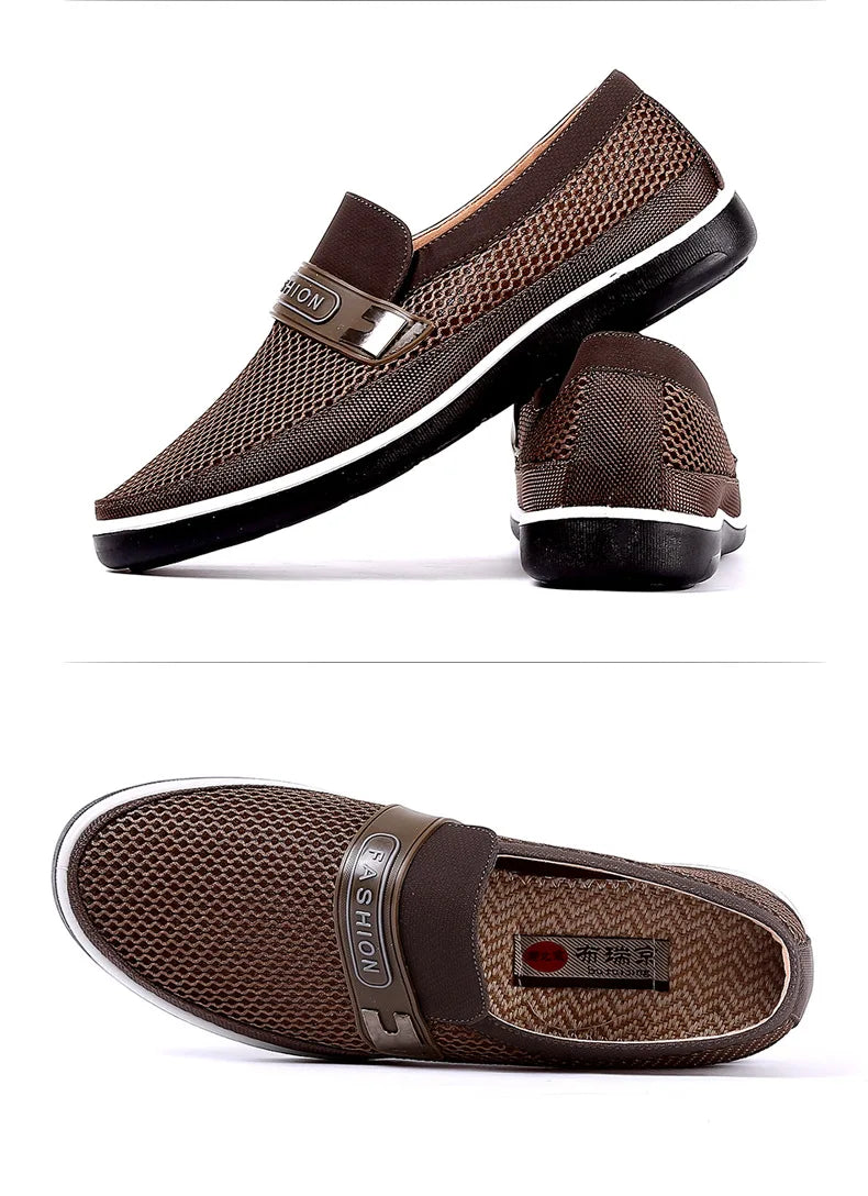 New Summer Breathable Mesh Men Shoes Lightweight Flat Casual Fashion Designer Men Loafers Beige