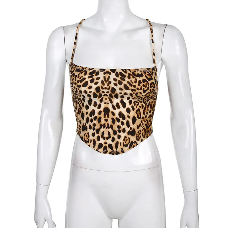 Regatas femininas com estampa de leopardo, costas nuas, trajes rave sensuais, sem mangas, cruzado, com cadarço, top curto, moda urbana de verão