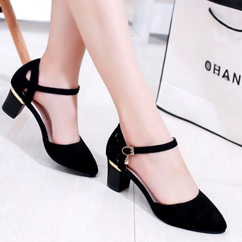 Zapatos clásicos Cresfimix de alta calidad para mujer, con tacón cuadrado rosa, para oficina y fiesta, con tacón flocado negro, A5986