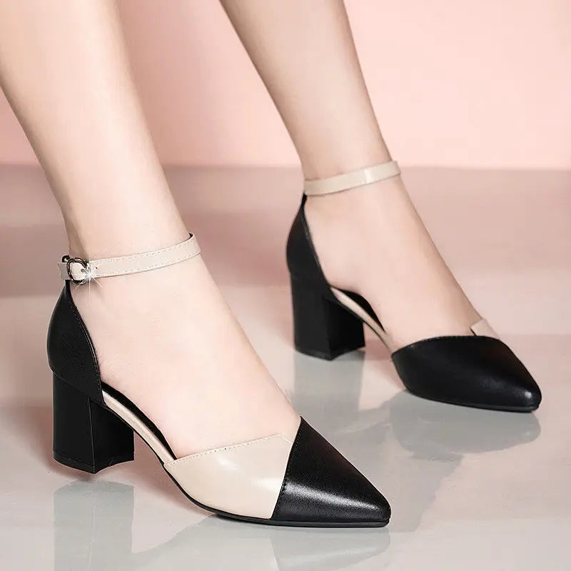 Zapatos clásicos Cresfimix de alta calidad para mujer, con tacón cuadrado rosa, para oficina y fiesta, con tacón flocado negro, A5986