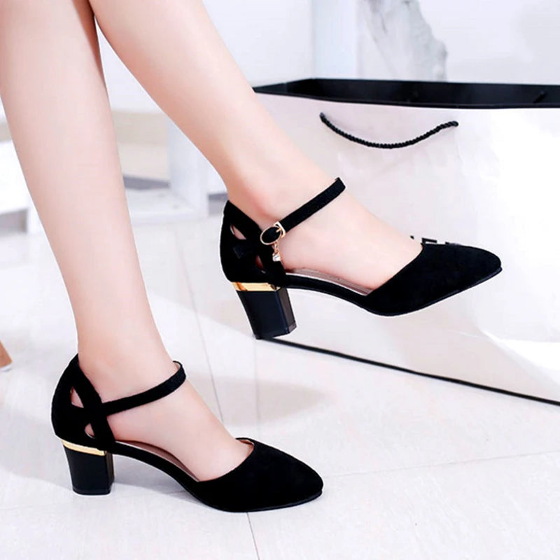 Zapatos clásicos Cresfimix de alta calidad para mujer, con tacón cuadrado rosa, para oficina y fiesta, con tacón flocado negro, A5986