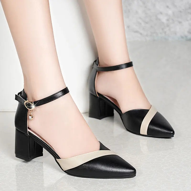 Zapatos clásicos Cresfimix de alta calidad para mujer, con tacón cuadrado rosa, para oficina y fiesta, con tacón flocado negro, A5986
